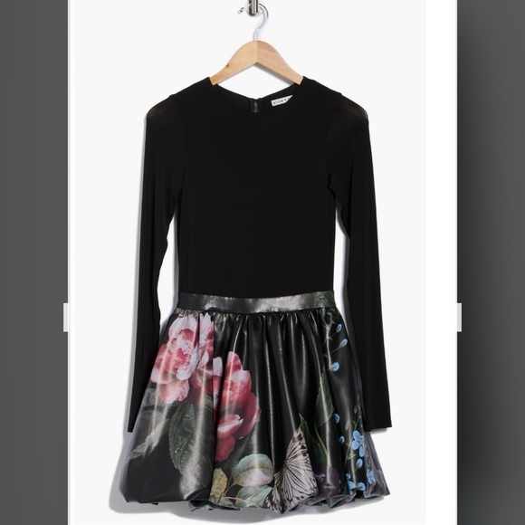 Alice + Olivia Chara Long Sleeve Faux Leather Skirt Dress In The Wind Floral Sz0 - Picture 5 of 12